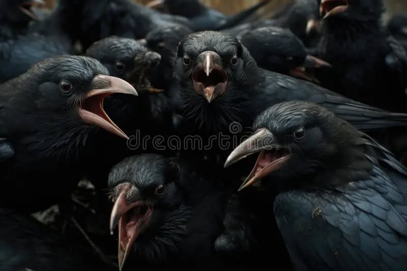 Kawanan burung gagak berhimpun dengan paruh terbuka mempamerkan kemarahan kolektif