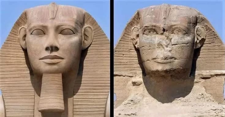 Perbandingan rekonstruksi wajah Sphinx dengan hidung lengkap dan rupa fizikal hari ini