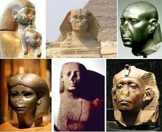 Koleksi pelbagai patung firaun dan bangsawan Mesir Purba yang semuanya patah bahagian hidung
