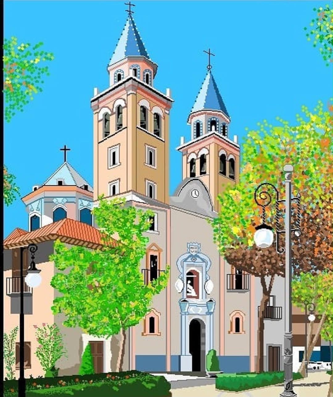 Lukisan landskap terperinci gereja dan perkampungan Sepanyol oleh Concha