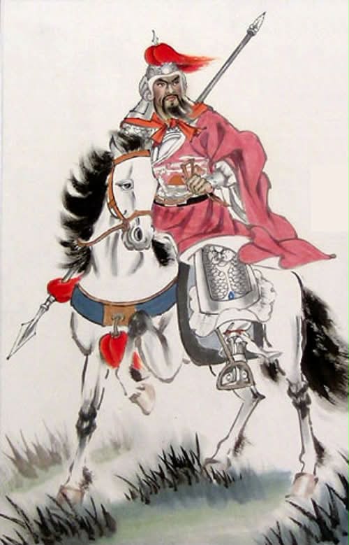 Lukisan klasik memaparkan Jeneral Yue Fei menunggang kuda putih dengan tombak perang