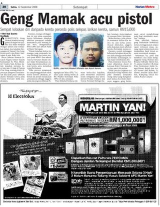 Keratan akhbar Harian Metro mengenai pemburuan ahli Geng Mamak