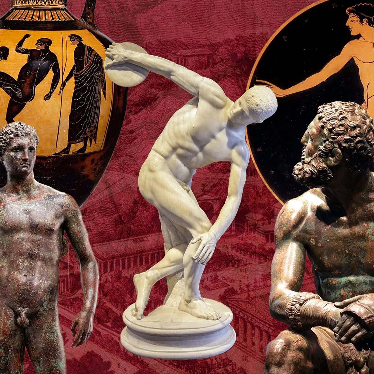Komposisi patung Discobolus dan seni tembikar Yunani Purba bertema atletik