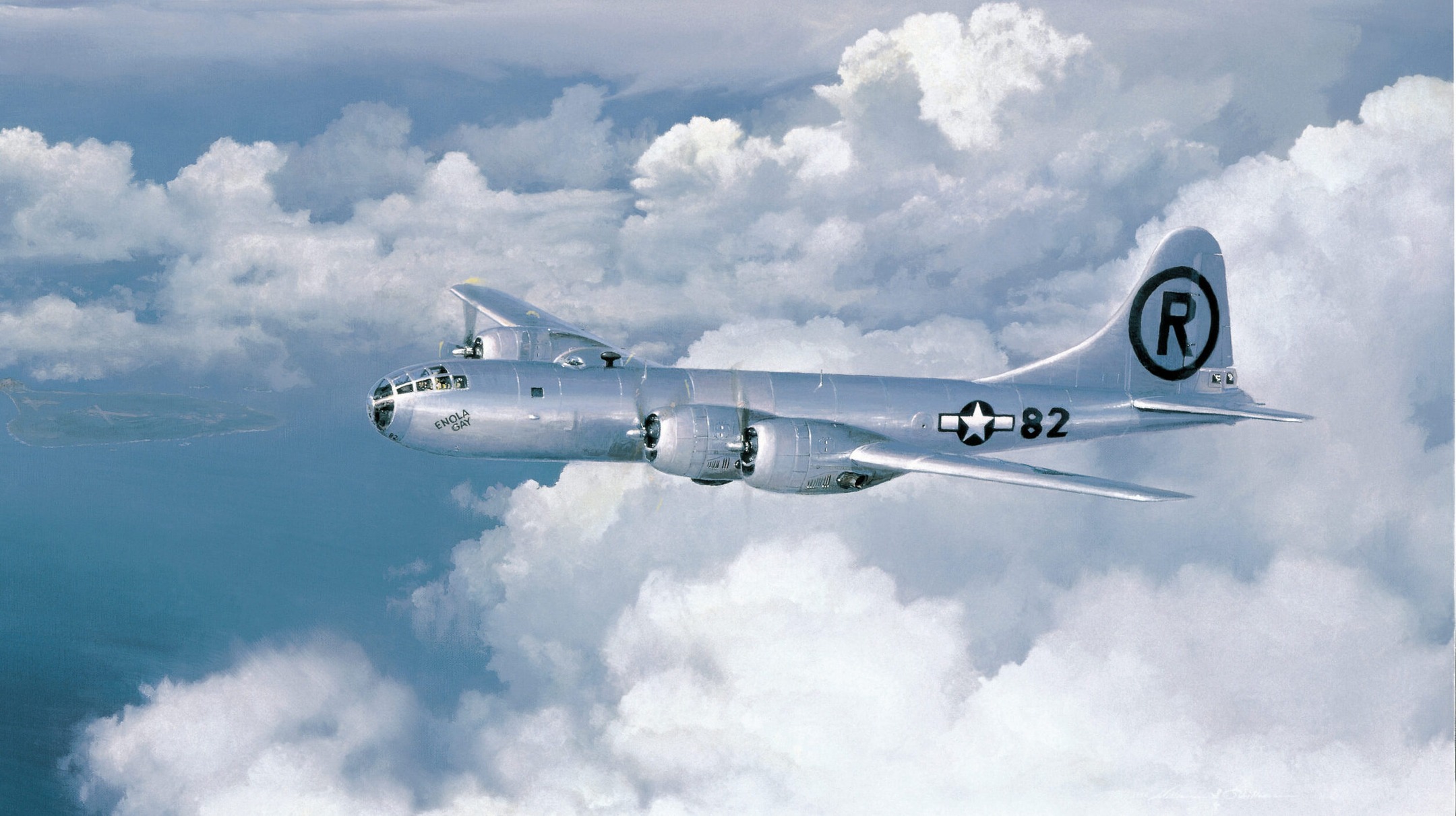 Ilustrasi pesawat B-29 Enola Gay terbang melintasi awan